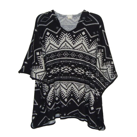 Self Esteem Womens Black Gray Aztec Design Hooded Poncho Sweater Size M - Picture 1 of 7